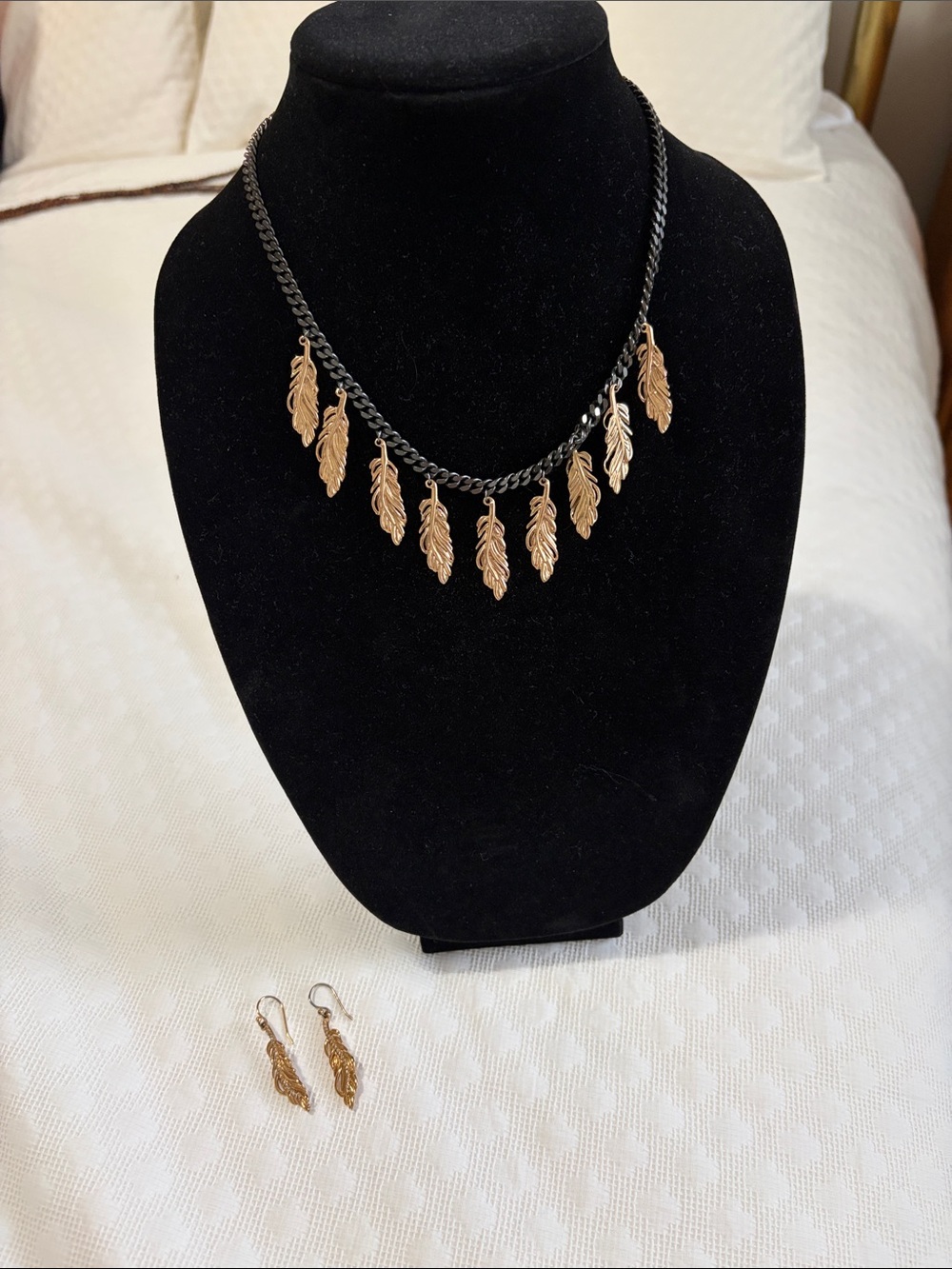 Stella & Dot Black Chain Necklace with Gold Feather Charms